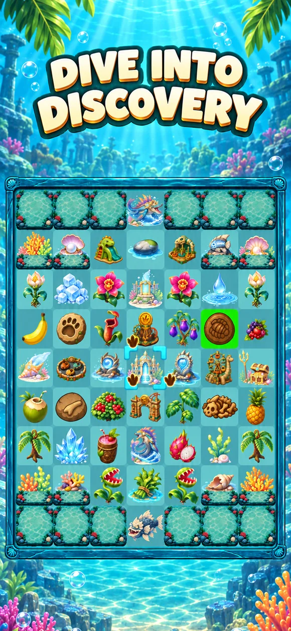 An underwater discovery board with colorful ocean items to merge