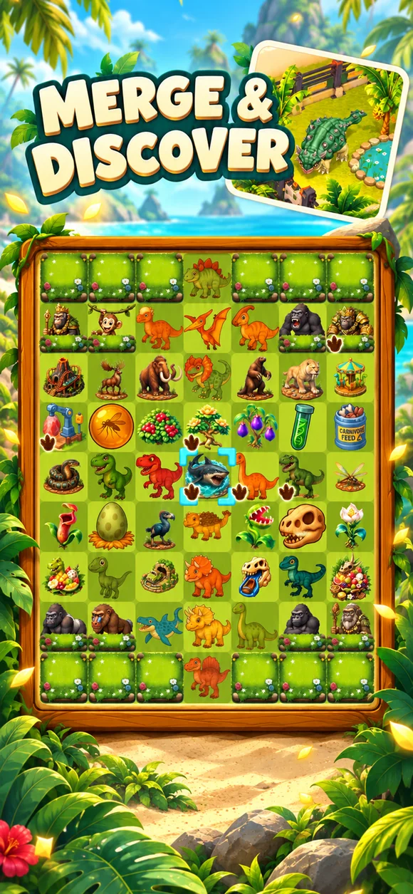 Dino Merge’s colorful merge board, filled with tools, plants, and dinosaur discoveries