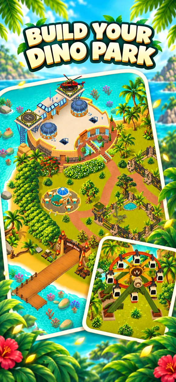 A dinosaur park with paddocks, paths, and island attractions